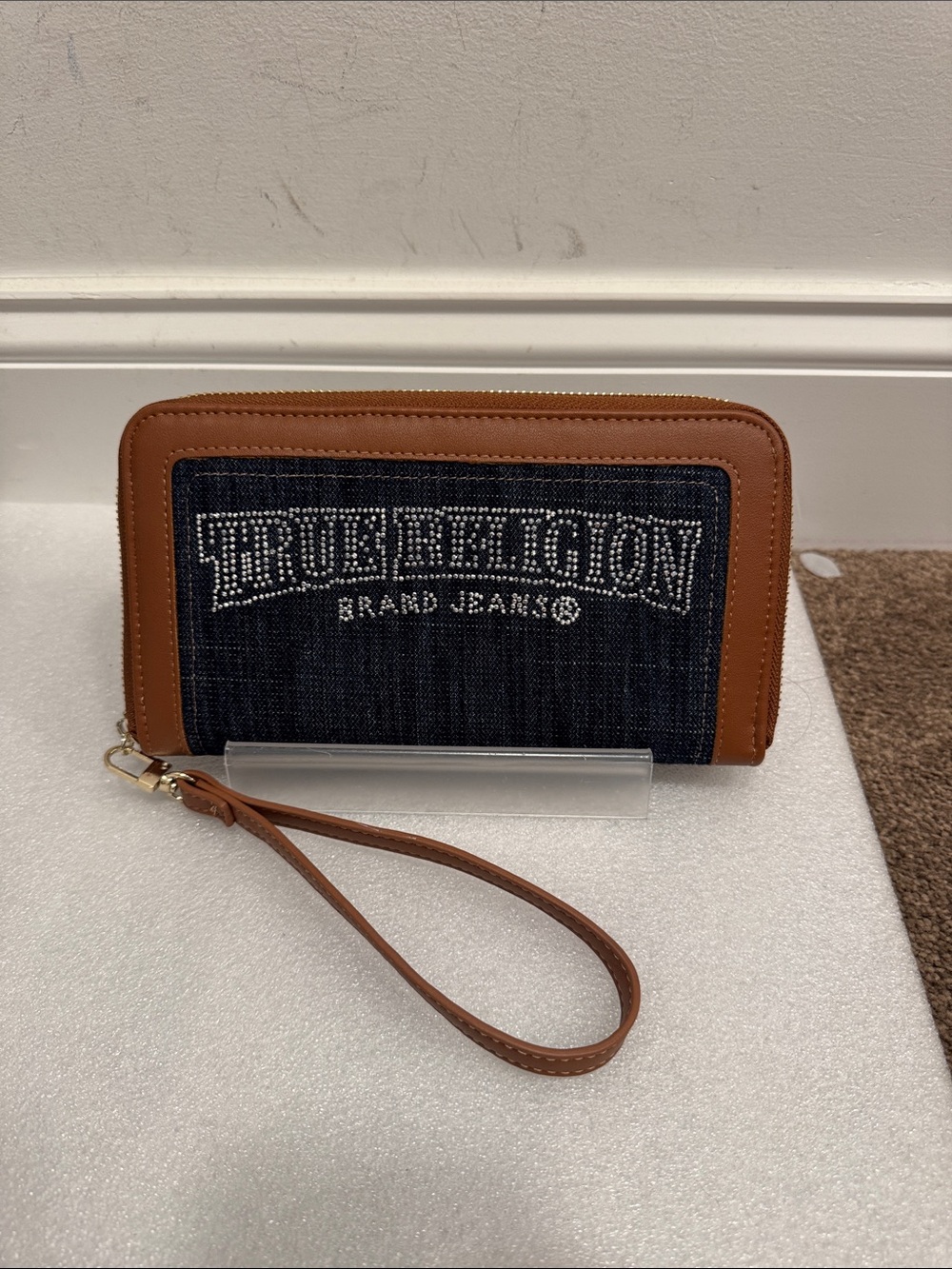 True Religion Denim rhinestone Wristlet Wallet with Brown Trim